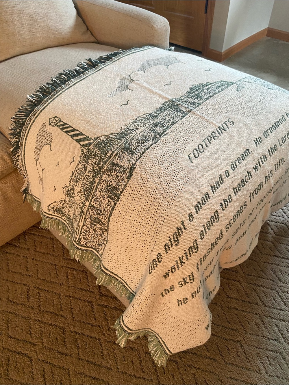 Footprints Beach Throw Blanket in Cream and Green